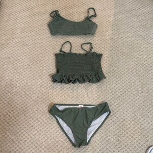 Girls Olive Green Smocked Ruffle Bikini Set